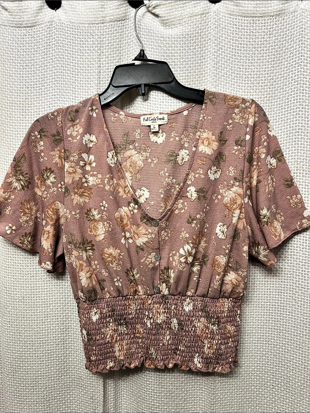 Full Circle Trends Floral Short Sleeve Blouse in Pink & Brown Size Large